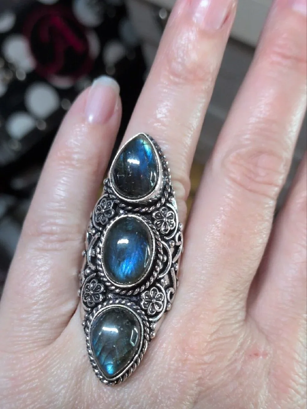 Sterling Silver Labradorite Triple Stone Statement Ring - Blue